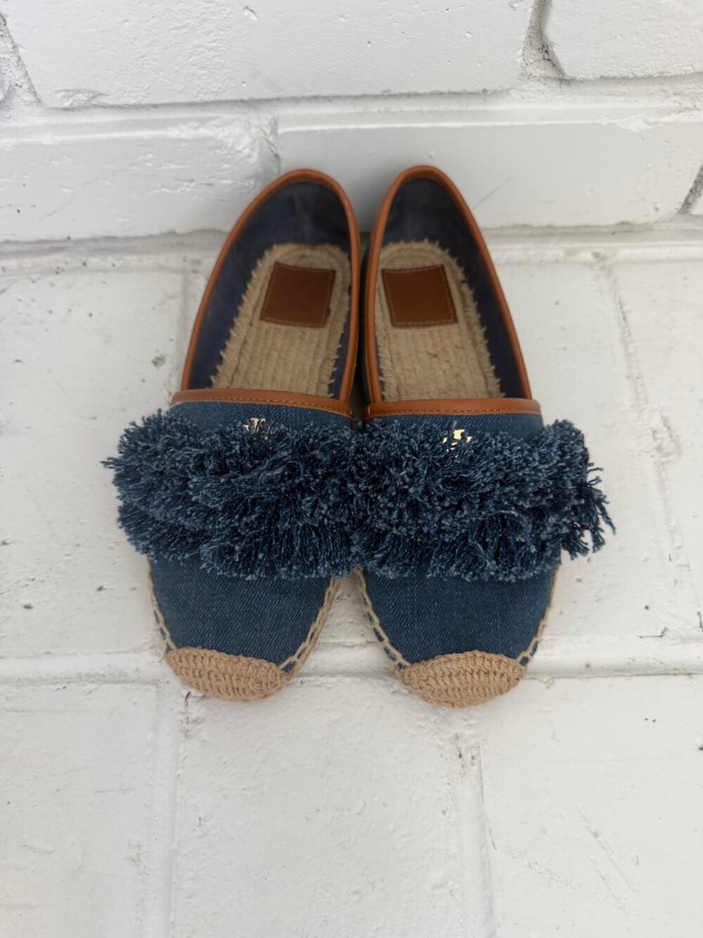 Tory Burch Denim Espadrille Flats Fringe Blue Tan Women's 6.5